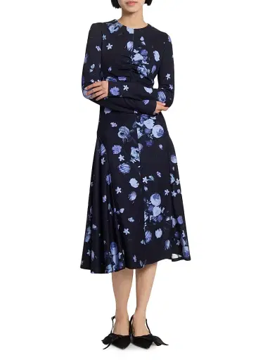 Erdem Women's Floral Gathered Midi-Dress - Dutch Flower Painting Midnight | Thumbnail 2 Erdem Women's Floral Gathered Midi-Dress - Dutch Flower Painting Midnight | Thumbnail 2