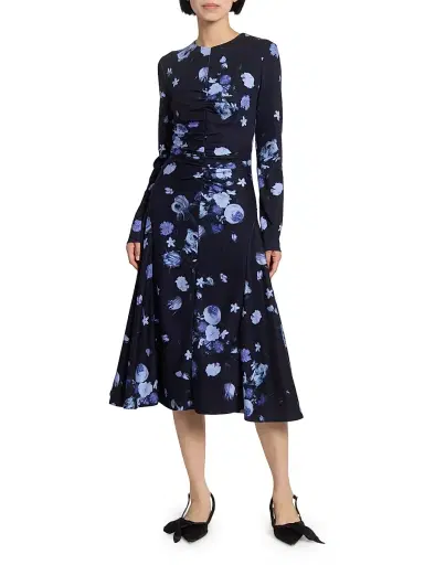 Erdem Women's Floral Gathered Midi-Dress - Dutch Flower Painting Midnight | Thumbnail 3 Erdem Women's Floral Gathered Midi-Dress - Dutch Flower Painting Midnight | Thumbnail 3