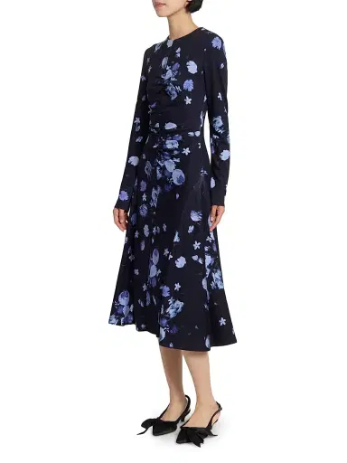 Erdem Women's Floral Gathered Midi-Dress - Dutch Flower Painting Midnight | Thumbnail 4 Erdem Women's Floral Gathered Midi-Dress - Dutch Flower Painting Midnight | Thumbnail 4