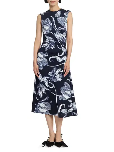 Erdem Women's Printed Gathered Sleeveless Midi-Dress - Botanical Engraving Midnight | Thumbnail 2 Erdem Women's Printed Gathered Sleeveless Midi-Dress - Botanical Engraving Midnight | Thumbnail 2