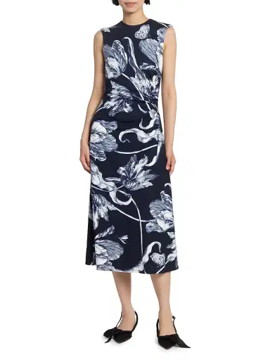 Erdem Women's Printed Gathered Sleeveless Midi-Dress - Botanical Engraving Midnight | Thumbnail 3 Erdem Women's Printed Gathered Sleeveless Midi-Dress - Botanical Engraving Midnight | Thumbnail 3