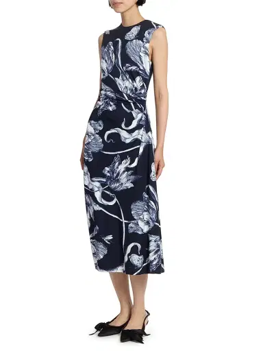 Erdem Women's Printed Gathered Sleeveless Midi-Dress - Botanical Engraving Midnight | Thumbnail 4 Erdem Women's Printed Gathered Sleeveless Midi-Dress - Botanical Engraving Midnight | Thumbnail 4