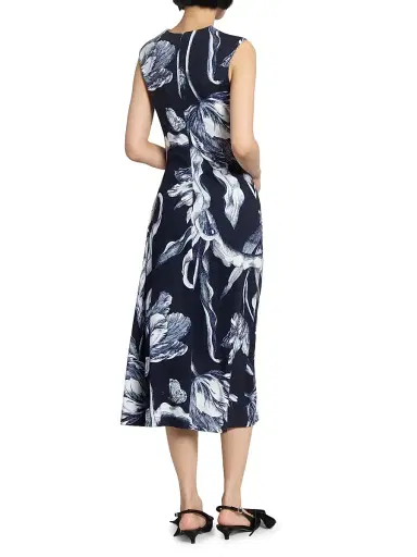 Erdem Women's Printed Gathered Sleeveless Midi-Dress - Botanical Engraving Midnight | Thumbnail 5 Erdem Women's Printed Gathered Sleeveless Midi-Dress - Botanical Engraving Midnight | Thumbnail 5