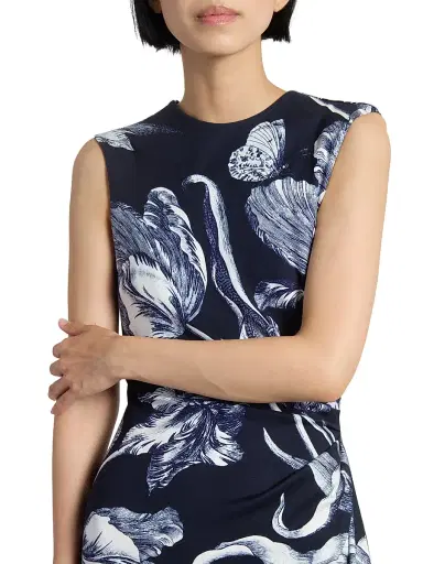 Erdem Women's Printed Gathered Sleeveless Midi-Dress - Botanical Engraving Midnight | Thumbnail 6 Erdem Women's Printed Gathered Sleeveless Midi-Dress - Botanical Engraving Midnight | Thumbnail 6