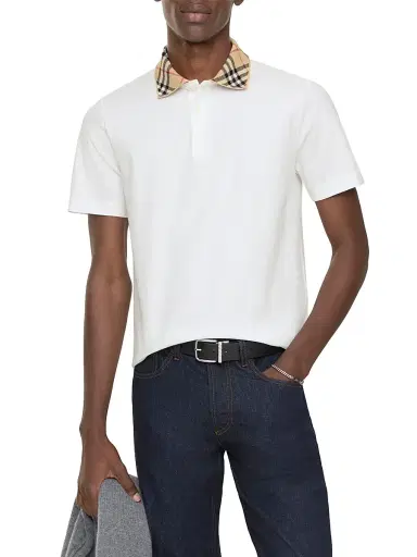 Burberry Men's Evan Check-Collar Cotton Polo Shirt - Chalk | Thumbnail 2 Burberry Men's Evan Check-Collar Cotton Polo Shirt - Chalk | Thumbnail 2