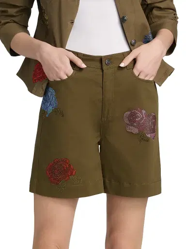 Cinq à Sept Women's Betsy Heatset Roses Bermuda Shorts - Dark Olive Multi - Size 12 | Thumbnail 3 Cinq à Sept Women's Betsy Heatset Roses Bermuda Shorts - Dark Olive Multi - Size 12 | Thumbnail 3