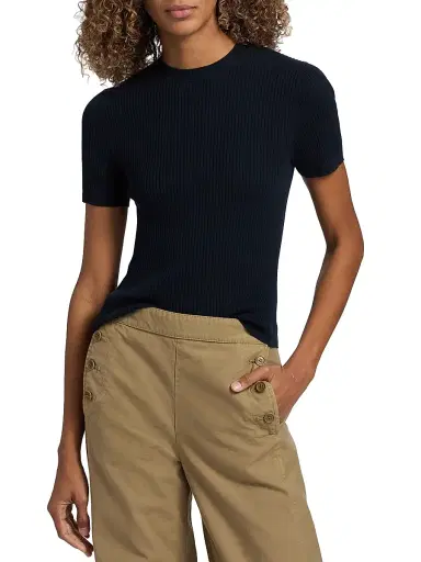 Nili Lotan Women's Dorset Rib-Knit Cotton Short-Sleeve Sweater - Dark Navy | Thumbnail 3 Nili Lotan Women's Dorset Rib-Knit Cotton Short-Sleeve Sweater - Dark Navy | Thumbnail 3