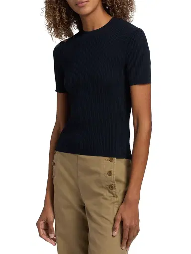 Nili Lotan Women's Dorset Rib-Knit Cotton Short-Sleeve Sweater - Dark Navy | Thumbnail 4 Nili Lotan Women's Dorset Rib-Knit Cotton Short-Sleeve Sweater - Dark Navy | Thumbnail 4