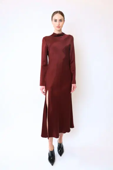 LAPOINTE Satin Draped Neck Bias Dress With Slit | Thumbnail 1 LAPOINTE Satin Draped Neck Bias Dress With Slit | Thumbnail 1