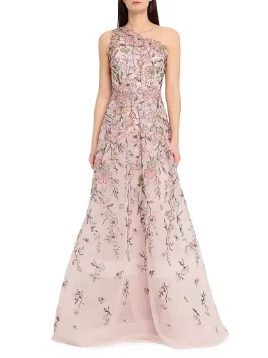 Teri Jon by Rickie Freeman Women's Floral-Embroidered One-Shoulder Tulle Gown - Blush Multi - Size 18 | Thumbnail 2 Teri Jon by Rickie Freeman Women's Floral-Embroidered One-Shoulder Tulle Gown - Blush Multi - Size 18 | Thumbnail 2