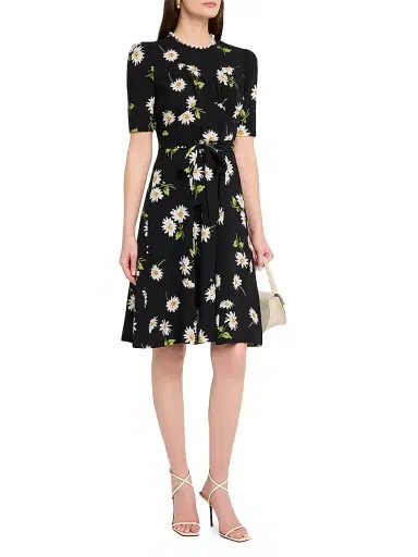 Teri Jon by Rickie Freeman Women's Imitation Pearl-Neck Daisy Crepe Above-The-Knee Dress - Black Multi | Thumbnail 3 Teri Jon by Rickie Freeman Women's Imitation Pearl-Neck Daisy Crepe Above-The-Knee Dress - Black Multi | Thumbnail 3