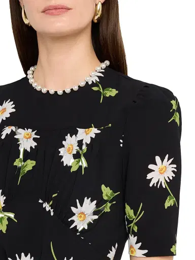 Teri Jon by Rickie Freeman Women's Imitation Pearl-Neck Daisy Crepe Above-The-Knee Dress - Black Multi | Thumbnail 5 Teri Jon by Rickie Freeman Women's Imitation Pearl-Neck Daisy Crepe Above-The-Knee Dress - Black Multi | Thumbnail 5
