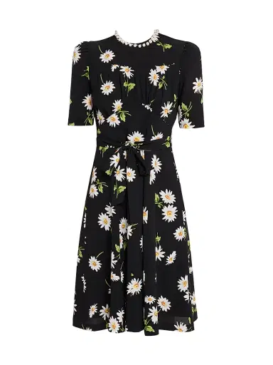 Teri Jon by Rickie Freeman Women's Imitation Pearl-Neck Daisy Crepe Above-The-Knee Dress - Black Multi | Thumbnail 1 Teri Jon by Rickie Freeman Women's Imitation Pearl-Neck Daisy Crepe Above-The-Knee Dress - Black Multi | Thumbnail 1