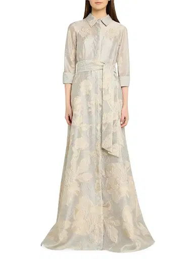 Teri Jon by Rickie Freeman Women's Floral Metallic Jacquard Shirtdress Gown - Plat Gold - Size 16 | Thumbnail 2 Teri Jon by Rickie Freeman Women's Floral Metallic Jacquard Shirtdress Gown - Plat Gold - Size 16 | Thumbnail 2