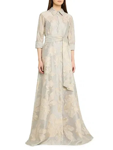 Teri Jon by Rickie Freeman Women's Floral Metallic Jacquard Shirtdress Gown - Plat Gold - Size 16 | Thumbnail 3 Teri Jon by Rickie Freeman Women's Floral Metallic Jacquard Shirtdress Gown - Plat Gold - Size 16 | Thumbnail 3