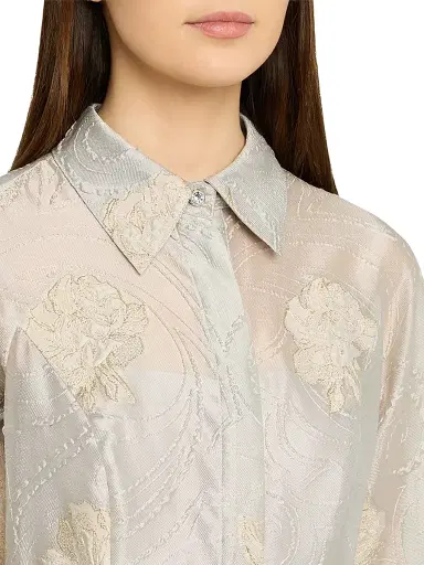 Teri Jon by Rickie Freeman Women's Floral Metallic Jacquard Shirtdress Gown - Plat Gold - Size 16 | Thumbnail 5 Teri Jon by Rickie Freeman Women's Floral Metallic Jacquard Shirtdress Gown - Plat Gold - Size 16 | Thumbnail 5