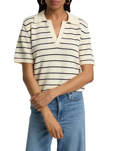 Frame Women's Striped Cotton Polo Shirt - Cream Multi - Size XL | Thumbnail 3 Frame Women's Striped Cotton Polo Shirt - Cream Multi - Size XL | Thumbnail 3