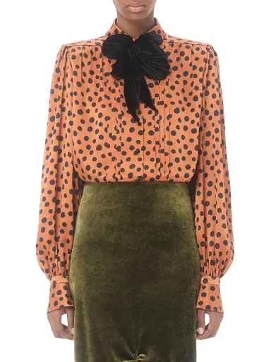 Valentino Garavani Women's Crepe Satin Shirt with Plus De Pois Dalmata Print - Brown Black | Thumbnail 2 Valentino Garavani Women's Crepe Satin Shirt with Plus De Pois Dalmata Print - Brown Black | Thumbnail 2