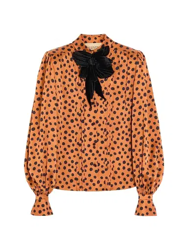 Valentino Garavani Women's Crepe Satin Shirt with Plus De Pois Dalmata Print - Brown Black | Thumbnail 1 Valentino Garavani Women's Crepe Satin Shirt with Plus De Pois Dalmata Print - Brown Black | Thumbnail 1