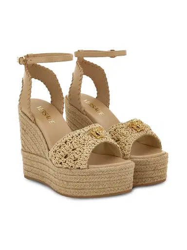 Versace Women's La Medusa 120MM Straw & Leather Platform Wedge Espadrille Sandals - Natural Ambrer Gold | Thumbnail 1 Versace Women's La Medusa 120MM Straw & Leather Platform Wedge Espadrille Sandals - Natural Ambrer Gold | Thumbnail 1