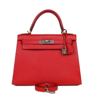 HERMÈS Hermes Special Order (HSS) Kelly Sellier 28 Rouge De Coeur Chevre Mysore Brushed Palladium Hardware | Thumbnail 1 HERMÈS Hermes Special Order (HSS) Kelly Sellier 28 Rouge De Coeur Chevre Mysore Brushed Palladium Hardware | Thumbnail 1