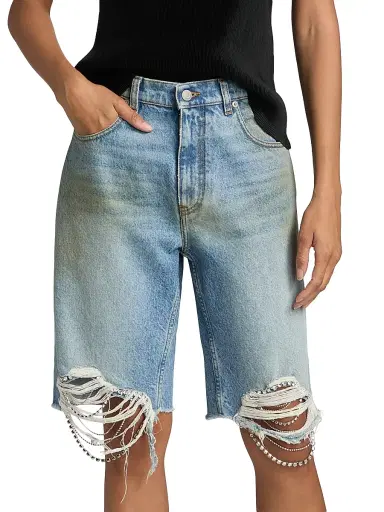 AREA Women's Crystal Fray Jean Shorts - Medium Blue | Thumbnail 3 AREA Women's Crystal Fray Jean Shorts - Medium Blue | Thumbnail 3