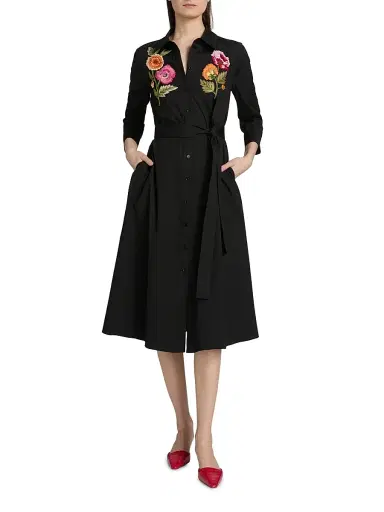 Carolina Herrera Women's Floral Embroidered Cotton-Blend Shirtdress - Black Multi | Thumbnail 2 Carolina Herrera Women's Floral Embroidered Cotton-Blend Shirtdress - Black Multi | Thumbnail 2