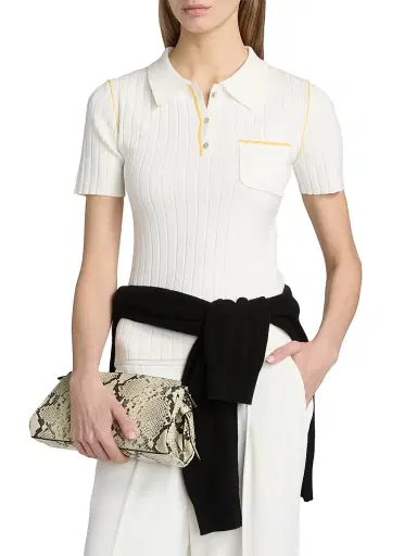 Elie Tahari Women's The Stevie Rib-Knit Polo Shirt - Sky White With Golden Hour | Thumbnail 3 Elie Tahari Women's The Stevie Rib-Knit Polo Shirt - Sky White With Golden Hour | Thumbnail 3