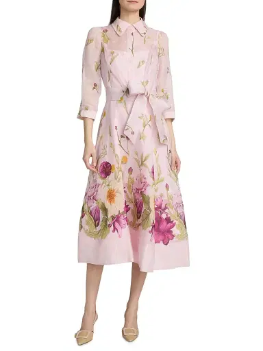 Teri Jon by Rickie Freeman Women's Floral Silk-Linen Shirtwaist Dress - Pink Multi - Size 18 | Thumbnail 2 Teri Jon by Rickie Freeman Women's Floral Silk-Linen Shirtwaist Dress - Pink Multi - Size 18 | Thumbnail 2