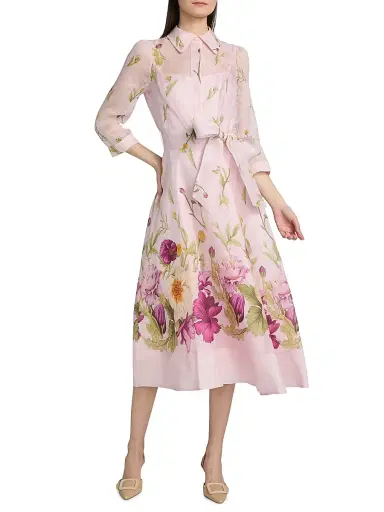 Teri Jon by Rickie Freeman Women's Floral Silk-Linen Shirtwaist Dress - Pink Multi - Size 18 | Thumbnail 3 Teri Jon by Rickie Freeman Women's Floral Silk-Linen Shirtwaist Dress - Pink Multi - Size 18 | Thumbnail 3