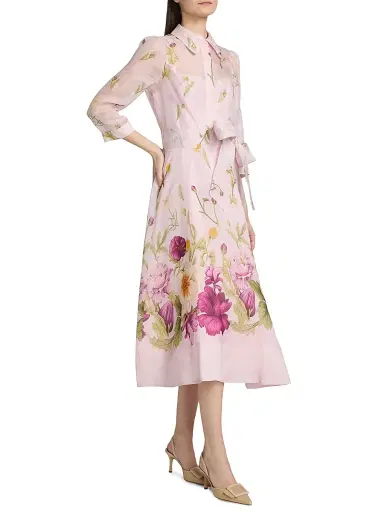 Teri Jon by Rickie Freeman Women's Floral Silk-Linen Shirtwaist Dress - Pink Multi - Size 18 | Thumbnail 4 Teri Jon by Rickie Freeman Women's Floral Silk-Linen Shirtwaist Dress - Pink Multi - Size 18 | Thumbnail 4