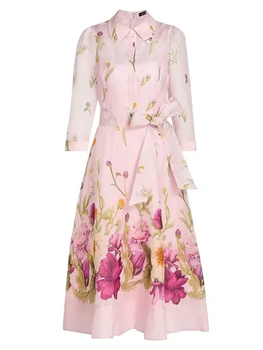 Teri Jon by Rickie Freeman Women's Floral Silk-Linen Shirtwaist Dress - Pink Multi - Size 18 | Thumbnail 1 Teri Jon by Rickie Freeman Women's Floral Silk-Linen Shirtwaist Dress - Pink Multi - Size 18 | Thumbnail 1