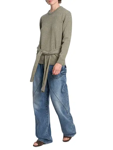 JW Anderson Women's Waist-Tie Wool-Cotton Crewneck Sweater - Sage | Thumbnail 2 JW Anderson Women's Waist-Tie Wool-Cotton Crewneck Sweater - Sage | Thumbnail 2