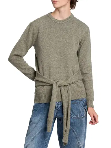 JW Anderson Women's Waist-Tie Wool-Cotton Crewneck Sweater - Sage | Thumbnail 3 JW Anderson Women's Waist-Tie Wool-Cotton Crewneck Sweater - Sage | Thumbnail 3