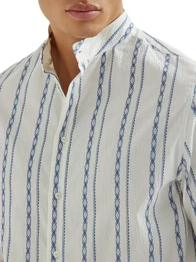 Brunello Cucinelli Men's Ethnic Stripe Seersucker Easy Fit Shirt with Mandarin Collar | Thumbnail 4 Brunello Cucinelli Men's Ethnic Stripe Seersucker Easy Fit Shirt with Mandarin Collar | Thumbnail 4