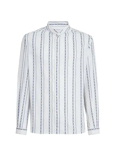 Brunello Cucinelli Men's Ethnic Stripe Seersucker Easy Fit Shirt with Mandarin Collar | Thumbnail 1 Brunello Cucinelli Men's Ethnic Stripe Seersucker Easy Fit Shirt with Mandarin Collar | Thumbnail 1