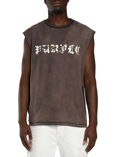 Purple Brand Men's Logo Distressed Cotton Sleeveless T-Shirt - Black - Size XL | Thumbnail 1 Purple Brand Men's Logo Distressed Cotton Sleeveless T-Shirt - Black - Size XL | Thumbnail 1