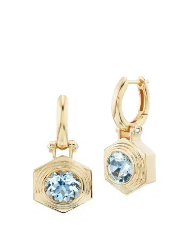Harwell Godfrey 18K Yellow Gold Hexed Drop Huggie Earrings with Diamonds and Aquamarine | Thumbnail 1 Harwell Godfrey 18K Yellow Gold Hexed Drop Huggie Earrings with Diamonds and Aquamarine | Thumbnail 1