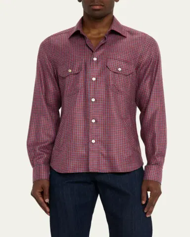 Kiton Men's Cashmere and Silk Small Check Overshirt | Thumbnail 4 Kiton Men's Cashmere and Silk Small Check Overshirt | Thumbnail 4