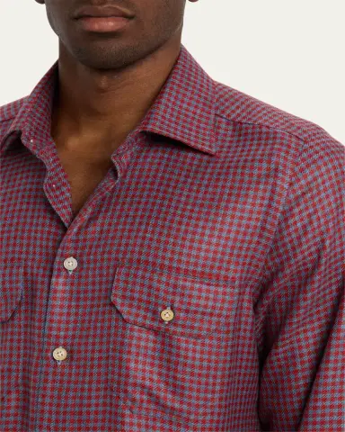 Kiton Men's Cashmere and Silk Small Check Overshirt | Thumbnail 5 Kiton Men's Cashmere and Silk Small Check Overshirt | Thumbnail 5
