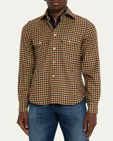 Kiton Men's Cashmere Check Two-Pocket Overshirt | Thumbnail 4 Kiton Men's Cashmere Check Two-Pocket Overshirt | Thumbnail 4