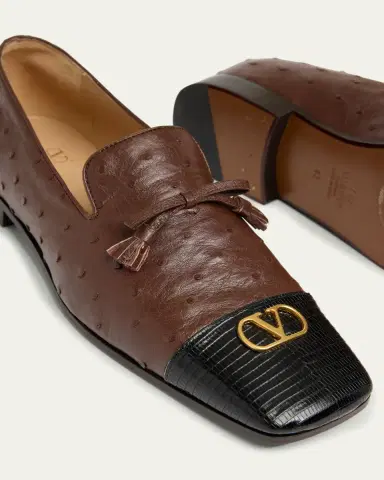 Valentino Garavani Men's Babouchoes Ostrich and Lizard Cap-Toe Loafers | Thumbnail 5 Valentino Garavani Men's Babouchoes Ostrich and Lizard Cap-Toe Loafers | Thumbnail 5