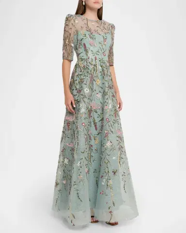 Rickie Freeman for Teri Jon Floral-Embroidered Shimmer Mesh Gown | Thumbnail 3 Rickie Freeman for Teri Jon Floral-Embroidered Shimmer Mesh Gown | Thumbnail 3
