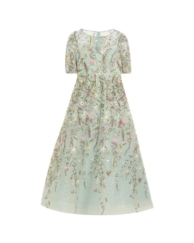 Floral-Embroidered Shimmer Mesh Gown Floral-Embroidered Shimmer Mesh Gown
