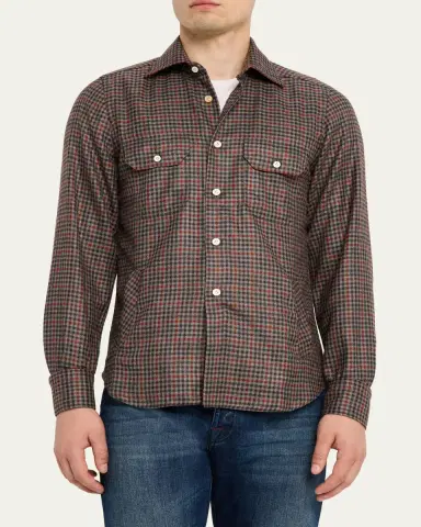 Kiton Men's Cotton Check Double-Pocket Button-Down Shirt | Thumbnail 4 Kiton Men's Cotton Check Double-Pocket Button-Down Shirt | Thumbnail 4