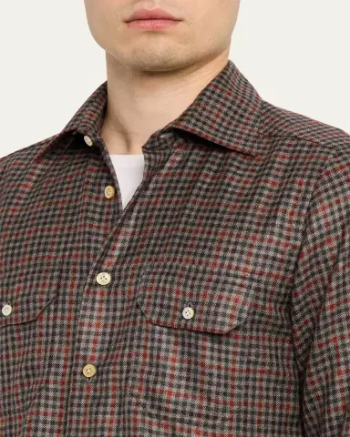 Kiton Men's Cotton Check Double-Pocket Button-Down Shirt | Thumbnail 5 Kiton Men's Cotton Check Double-Pocket Button-Down Shirt | Thumbnail 5