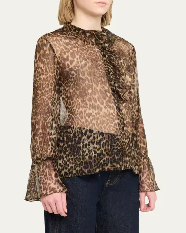 Nili Lotan Cecily Metallic Leopard-Print ilk Ruffle Shirt | Thumbnail 4 Nili Lotan Cecily Metallic Leopard-Print ilk Ruffle Shirt | Thumbnail 4