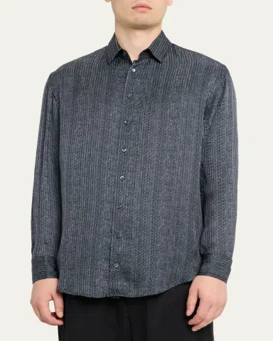Giorgio Armani Men's Stripe-Print Viscose and Silk Button-Down Shirt | Thumbnail 4 Giorgio Armani Men's Stripe-Print Viscose and Silk Button-Down Shirt | Thumbnail 4