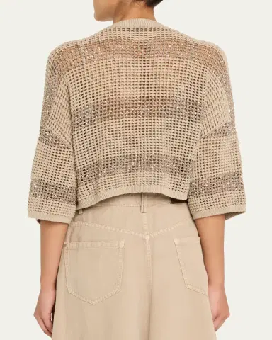 Brunello Cucinelli Paillette Striped Open-Knit Short-Sleeve Cardigan | Thumbnail 3 Brunello Cucinelli Paillette Striped Open-Knit Short-Sleeve Cardigan | Thumbnail 3