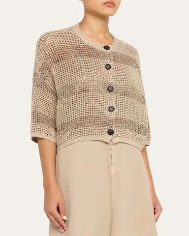 Brunello Cucinelli Paillette Striped Open-Knit Short-Sleeve Cardigan | Thumbnail 4 Brunello Cucinelli Paillette Striped Open-Knit Short-Sleeve Cardigan | Thumbnail 4